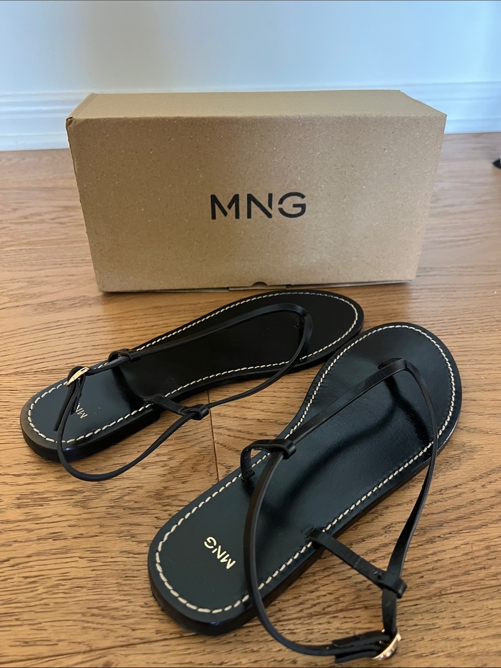 Mango Black Leather Strap Sandals with Contrast Stitching